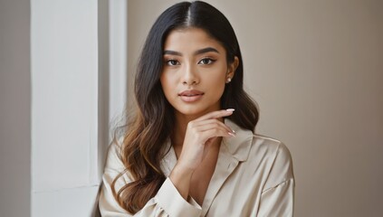 A portrait of a young woman with long hair posing thoughtfully against a neutral background, showcasing elegance and confidence in her expression.