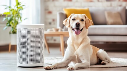 Obraz na płótnie Canvas Clean Air Solution for Pets: Air Purifier and Happy Dog - Pet allergy relief, clean home air, healthy pets, happy owners