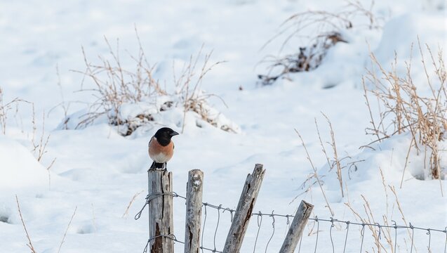 Stunning black capped grosbeak standing out against snowy landscape on a frosty day