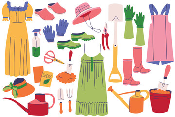Set of gardening essentials, including tools, gloves, seeds,gardening dress,boots. Agriculture tools and accessories.  © Катерина Германчук