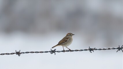 Fototapeta premium Serene wren perched on frosty barbed wire fence in snowy landscape blending earthy tones with soft whites