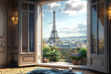 Room in Paris with eiffel tour in window , honeymoon or romantic holidays concept