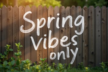 Spring vibes only sign on wooden fence surrounded by green foliage in the golden light of a sunny day