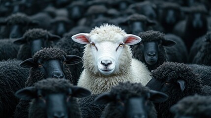 A distinct white sheep captures attention as it stands out amidst a large group of black sheep in a rural farm environment under daylight