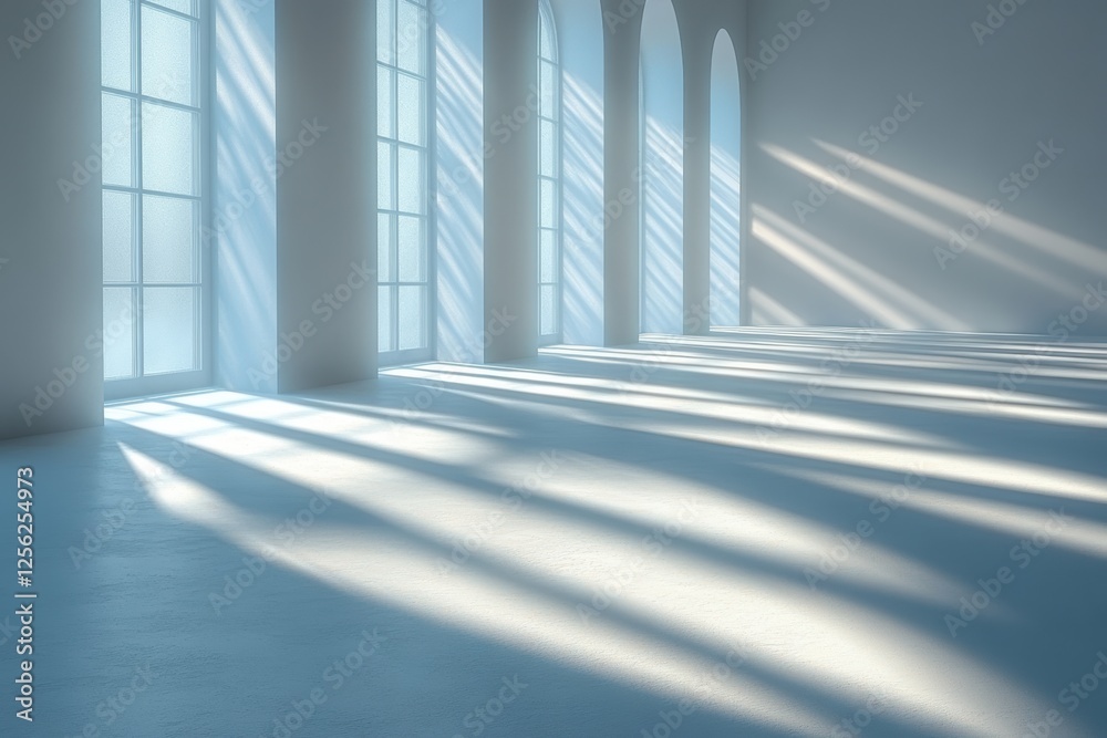 Aufkleber A serene interior space with large windows allowing soft sunlight to cast gentle shadows on the floor, creating a tranquil atmosphere for reflection.
