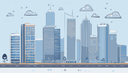 Fototapeta premium A vibrant pixel art illustration showcasing a city skyline, complete with a detailed view of trees, clouds, and various buildings dotting the horizon