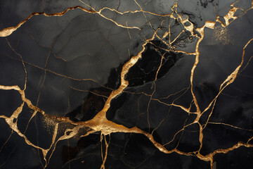 Black marble texture background pattern. Black and gold stone floor. Generative AI