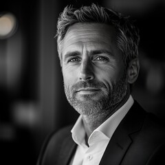 Obraz premium Black and white portrait of a confident businessman wearing a suit, exuding professionalism and success