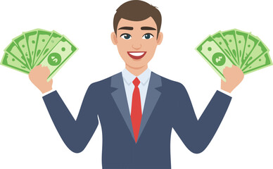 A man wearing a formal suit and tie is confidently holding a fan of cash money, displaying his satisfaction with a pleased expression on his face