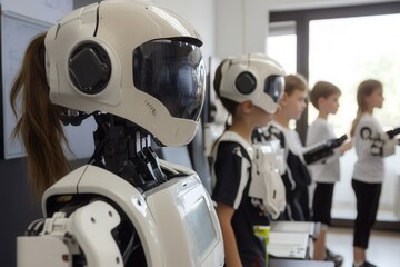 Children in a robotics class in the classroom .