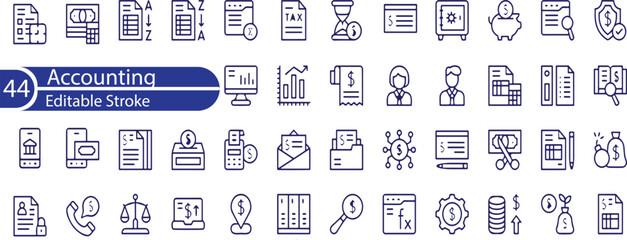 Accounting line icon set. Accountant, financial calculation, audit and analysis, risk, savings, income, expenses, assets and more . Outline vector icon in linear style.