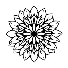 Symmetrical floral mandala design in black and white, minimalist floral art.