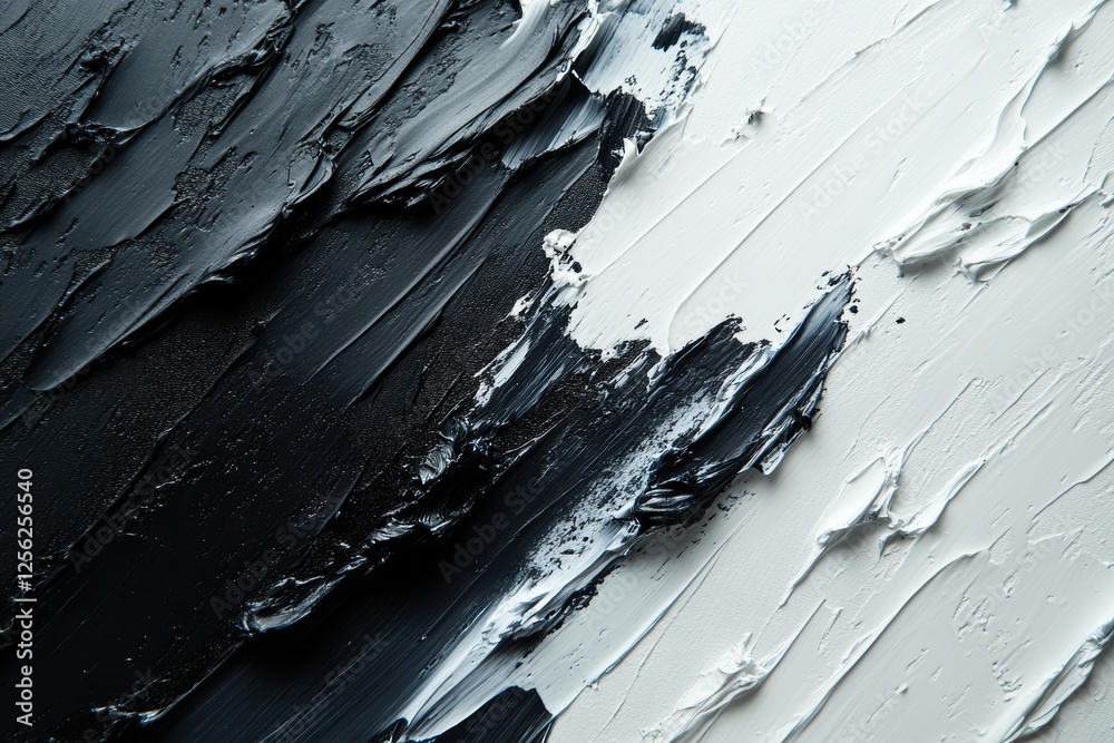 Poster a striking close-up of black and white paint texture, showcasing thick brush strokes and unique patt