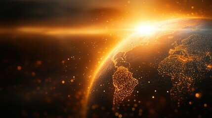 Creative abstract earth with golden light and bokeh backdrop presents an inspiring global business concept in high clarity