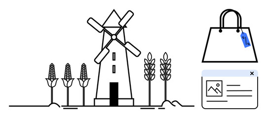 Windmill and crops with a shopping bag and online store interface. Ideal for agriculture, renewable energy, online shopping, e-commerce, sustainability, rural economy, and digital marketplace