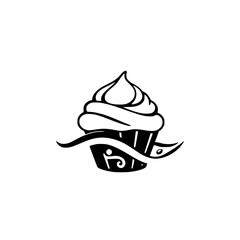 Black and White Cake Icon, illustrating a whimsical stylized cupcake with frosting.