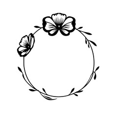 Elegant Floral Wreath with Black and White Flowers, Delicate Vine Design, Minimalist Frame, Nature-Inspired.