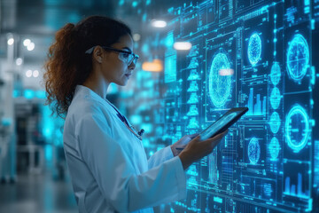 Nurse with curly hair and glasses examines data on a tablet in a modern, digital healthcare setting filled with screens and graphs