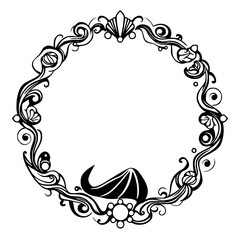 Intricate ornate black and white circular frame, featuring bat-like elements.