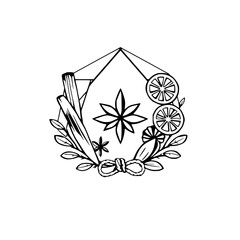 Detailed black and white line art drawing of spices, citrus, and plantlife arranged within a geometric shape, suggesting culinary herbs.