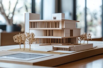 Building blueprint plans and house model . A house model elegantly placed on a table, illustrating various architectural details and styles.