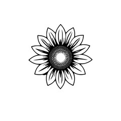 Minimalist Sunflower Illustration: Black and White Floral Line Art on White Background.