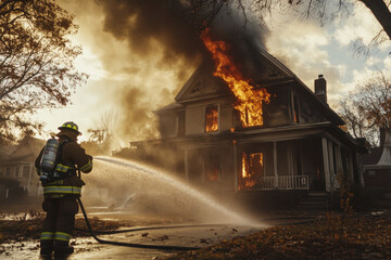 A firefighter battling a large house fire, water spraying against the flames Generative AI	
