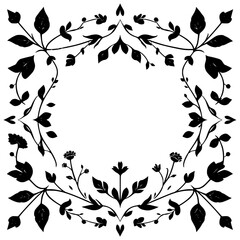 Black and white floral frame with branches and leaves. It shows a symmetrical design with a focus on elegant floral motifs.