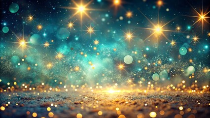 Magical Night Sky with Glowing Bokeh Lights and Golden Sparkles on Teal Blue Background