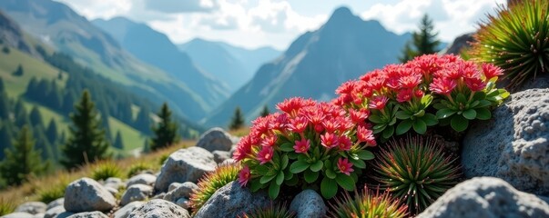 Sedum flowers in a rocky garden with mountainous backdrop, stonecrop, succulent, alpine