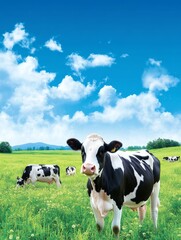 Fototapeta premium Cows Grazing in a Sunny Meadow - Happy cows grazing peacefully in a lush green field under a bright blue sky. Perfect for agricultural or dairy themes