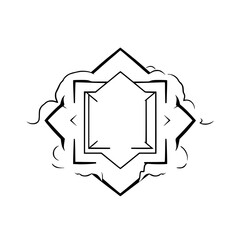 Geometric abstract design featuring concentric layers, lines, arrows and a celestial aura on a white background.