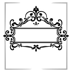 Classic Black and White Ornamental Frame. Vintage style rectangular picture frame with ornamental scrollwork and a white interior background