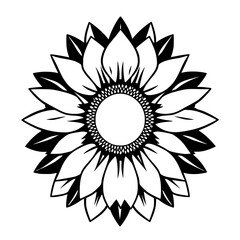 Black and white sunflower illustration, flower silhouette, geometric, clean.