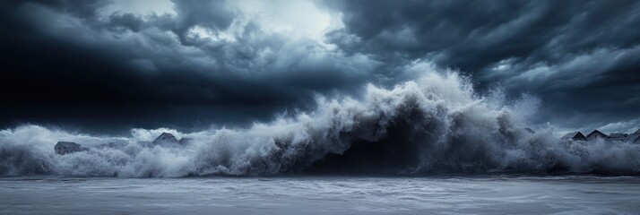 Obraz premium Gigantic tsunami wave crashing over dark coastal skyline