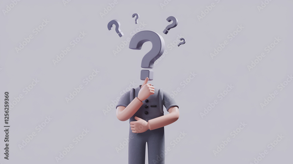 Poster A 3D animated humanoid figure with a large question mark head, symbolizing confusion, doubt, or curiosity, representing a person deep in thought or searching for answers.