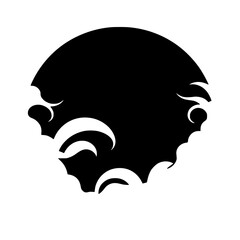 Celestial silhouette featuring a black sun, surrounded by stylized, swirling clouds.