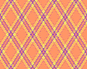 Vibrant diagonal plaid pattern in warm peach, yellow, and purple hues.  Perfect for textile design, website backgrounds, or adding a touch of cheerful texture to your projects.