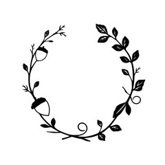 Elegant Acorn Wreath: Black and white illustration of a naturalistic wreath with acorns.