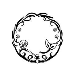Black and White decorative frame featuring sea shells and a mermaid tail in a circle.