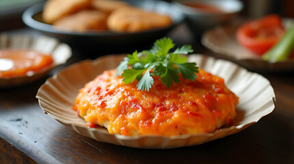 A Korean kimchi pancake served on a paper plate, set against the bustling backdrop of a street market, capturing the vibrant colors and textures of this traditional dish.