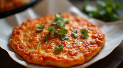 A Korean kimchi pancake served on a paper plate, set against the bustling backdrop of a street market, capturing the vibrant colors and textures of this traditional dish.
