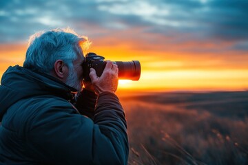 Fototapeta premium An elderly man enjoys photographing a breathtaking sunset in a peaceful field, savoring the moment and nature's beauty