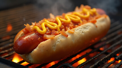 A sizzling hot dog topped with mustard and grilled onions from a street vendor, captured in a dynamic angle, emphasizing the smoky flavors and vibrant street food scene.
