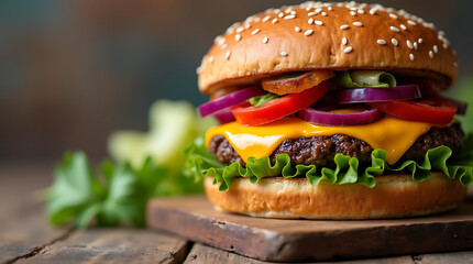 A close-up of a delicious burger with melted cheese and fresh vegetables, showcasing the vibrant theme of street food.