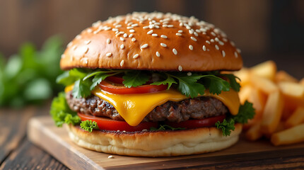 A close-up of a delicious burger with melted cheese and fresh vegetables, showcasing the vibrant theme of street food.