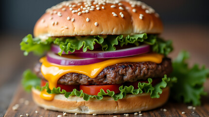 A close-up of a delicious burger with melted cheese and fresh vegetables, showcasing the vibrant theme of street food.