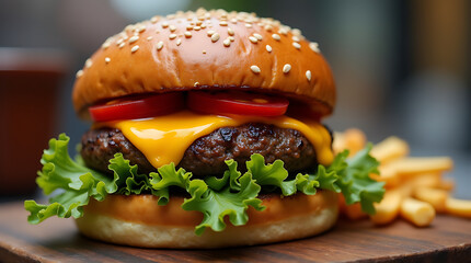 A close-up of a delicious burger with melted cheese and fresh vegetables, showcasing the vibrant theme of street food.