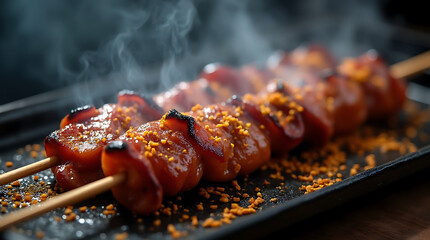 A close-up view of skewers grilling with visible smoke and sprinkled spices, showcasing the mouth-watering essence of street food with sizzling meat and smoky flavors.