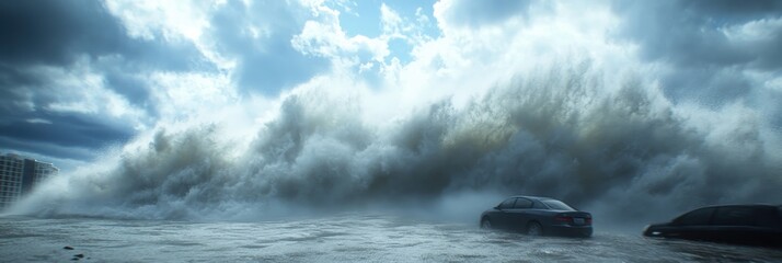 Massive tsunami wave engulfing coastal city at sea level